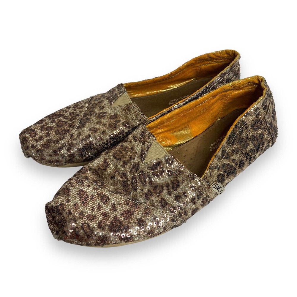 Tom’s Animal Print Sequin Slip On Flats Womens Size 7.5 Shoes Brown Sparkle GUC